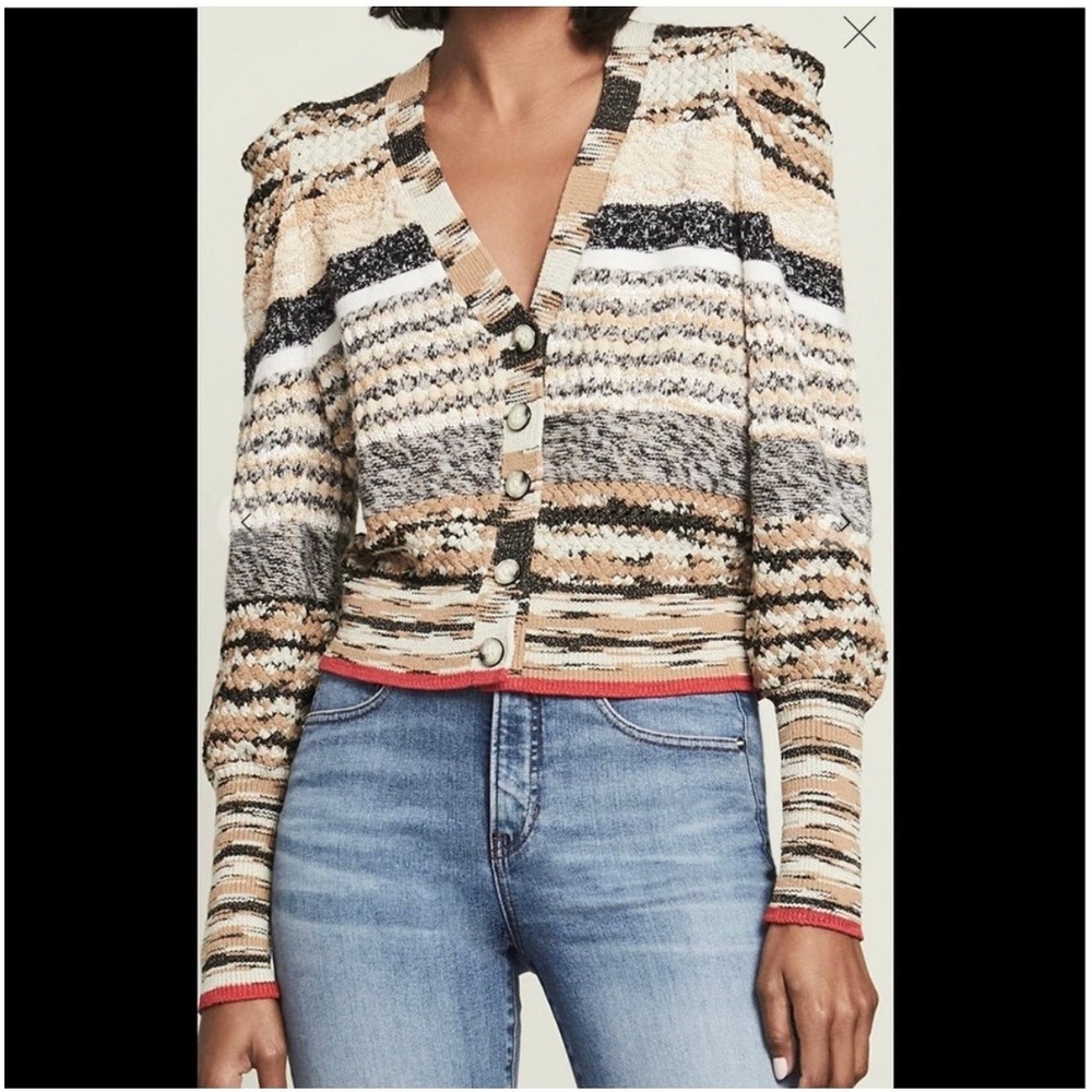 Veronica Beard Cecily Mixed Knit Cardigan Neutral M Puff Sleeve Quiet Luxury